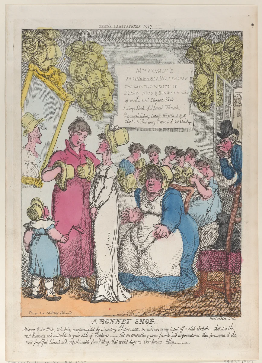 A Bonnet Shop by Thomas Rowlandson, print, 1810