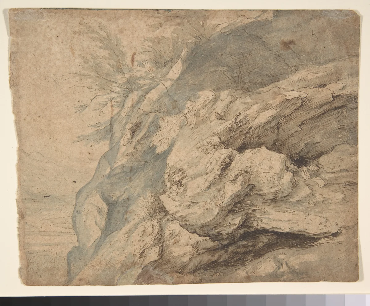 Study of the Side of a Rocky Cliff; Verso: Dam on a Mountain Stream by Paulus Willemsz. van Vianen, drawing, 1600-1605