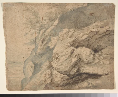 Study of the Side of a Rocky Cliff; Verso: Dam on a Mountain Stream by Paulus Willemsz. van Vianen, drawing, 1600-1605