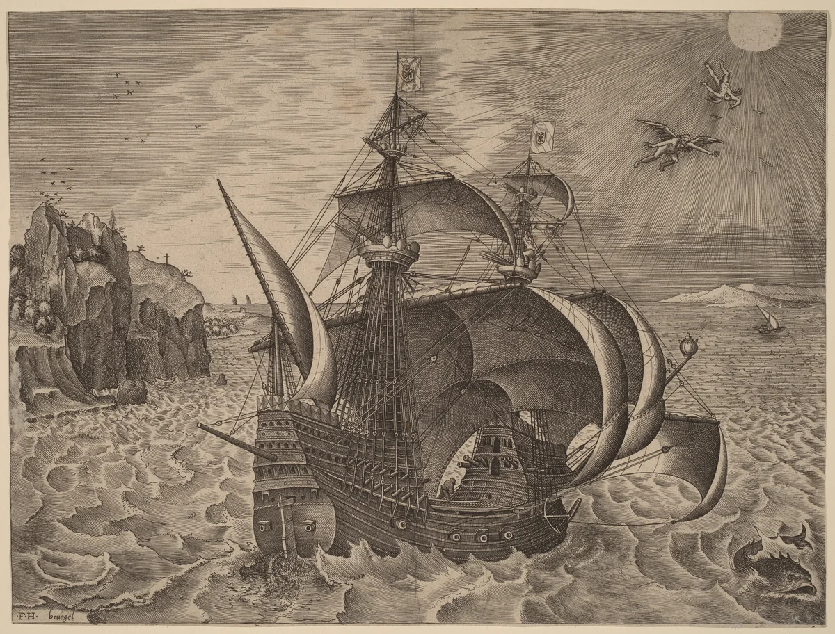 Armed Three-Master with Daedalus and Icarus in the Sky by Frans Huys
Pieter Bruegel the Elder
Hieronymus Cock, print, 1565