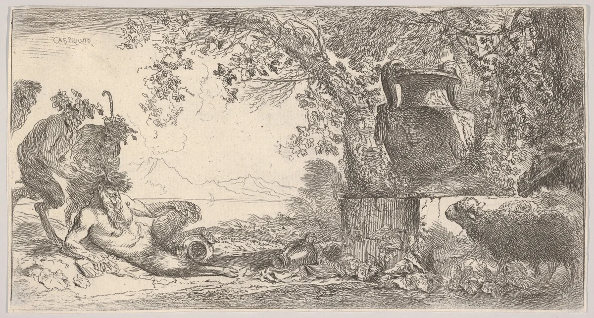 Pan reclining at left with two standing satyrs, a large vase on a pedestal at right by Giovanni Benedetto Castiglione, print, 1640-1650