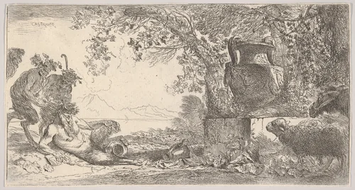 Pan reclining at left with two standing satyrs, a large vase on a pedestal at right by Giovanni Benedetto Castiglione, print, 1640-1650