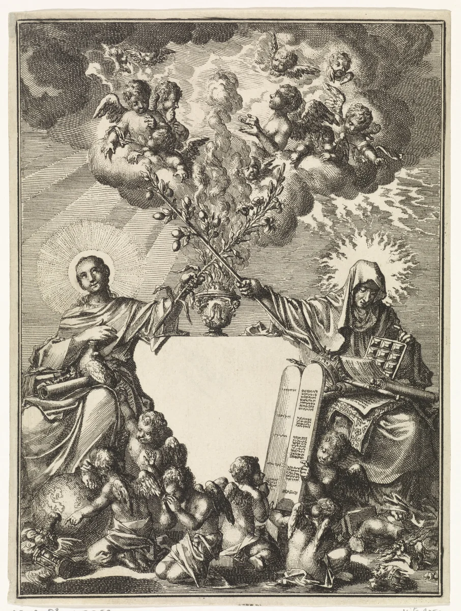 Personificaties van het Oude Verbond en het Evangelie kruisen samen de bloeiende staf van Aäron by Jan Luyken, print, 1712
