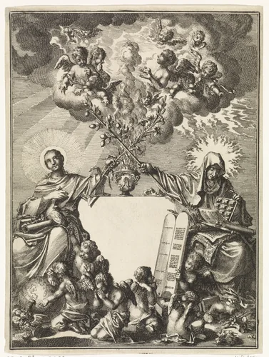 Personificaties van het Oude Verbond en het Evangelie kruisen samen de bloeiende staf van Aäron by Jan Luyken, print, 1712