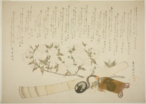 A Branch of White Peach Blossom, an Inro case, and a Hotchiku Flute by Hishikawa Sori (菱川宗理), print, 1801-1834