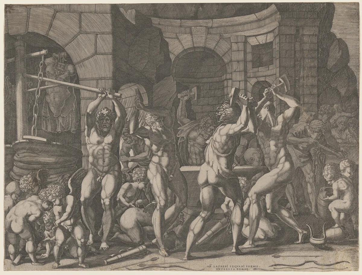 Vulcan and Cyclops Forging Cupid's Arrows by Francesco Primaticcio, print, 1540-1549