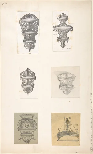 Six Designs for Hanging Shelves by anonymous, drawing, 1800-1900