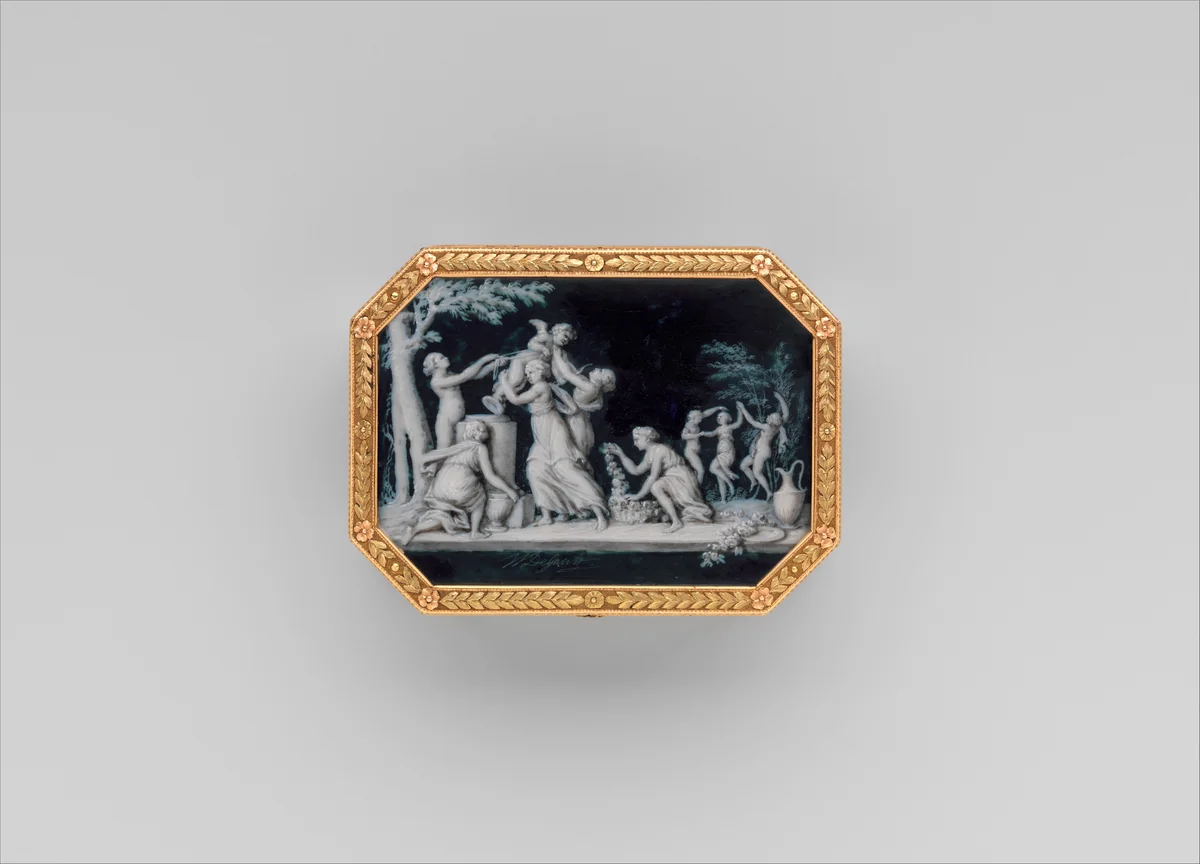 Snuffbox with miniatures representing the Diversions of Love and dancing figure by Jacques Joseph de Gault, metalwork, 1775-1847