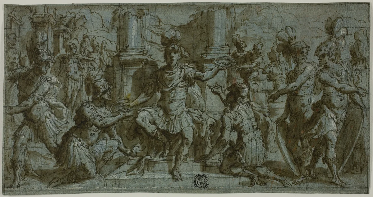 Mars (or Alexander?) Distributing the Victor's Wreaths by Andrea Semino, drawing, 1560-1565