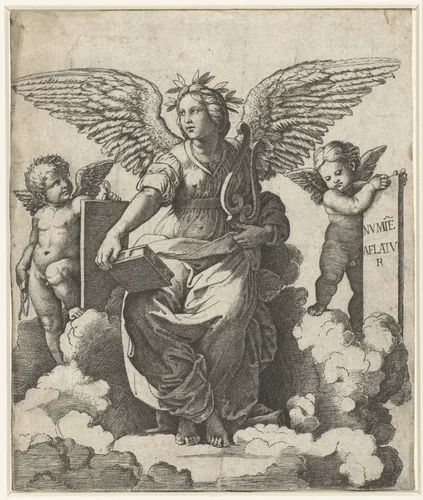 Gevleugelde vrouw als muze van Poëzie met boek en lier zittend op wolken geflankeerd door putti by Marcantonio Raimondi, print, 1513-1517