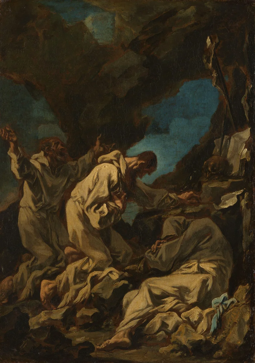 Three Camaldolese Monks in Ecstatic Prayer by Alessandro Magnasco, painting, 1710-1740