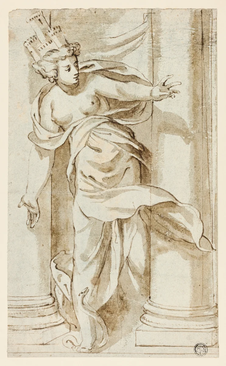 Cybele Stepping on a Serpent by Paolo Farinati, drawing, 1544-1606