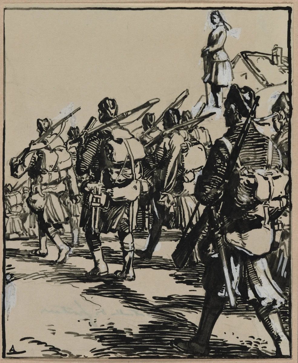 Bataille des frontières: groupe des soldats britanniques by Auguste Louis Lepère, drawing, 1914