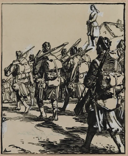 Bataille des frontières: groupe des soldats britanniques by Auguste Louis Lepère, drawing, 1914