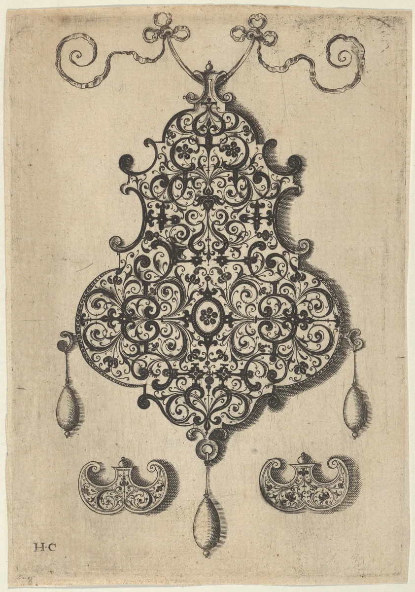 Design for the Verso of a Pendant with an Oval Motif Between Strapwork by Jan Collaert, print, 1530-1573