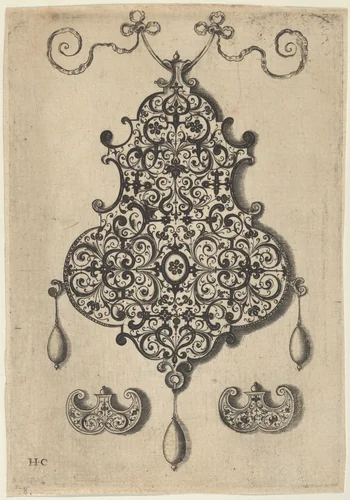 Design for the Verso of a Pendant with an Oval Motif Between Strapwork by Jan Collaert, print, 1530-1573