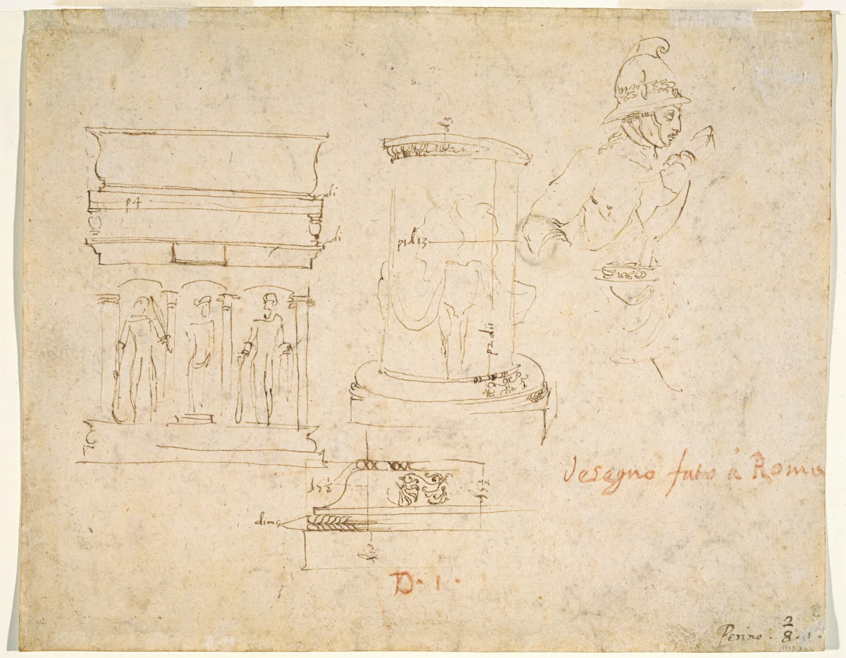 Architectural Details and a Soldier [verso] by Raphael, drawing, 1483-1520