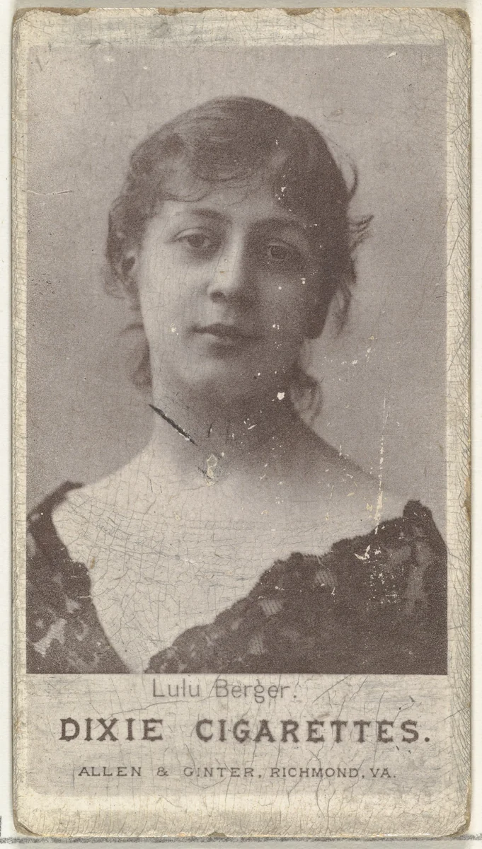 Lulu Berger, from the Actresses series (N67) promoting Dixie Cigarettes for Allen & Ginter brand tobacco products by Allen & Ginter, print, 1885-1893
