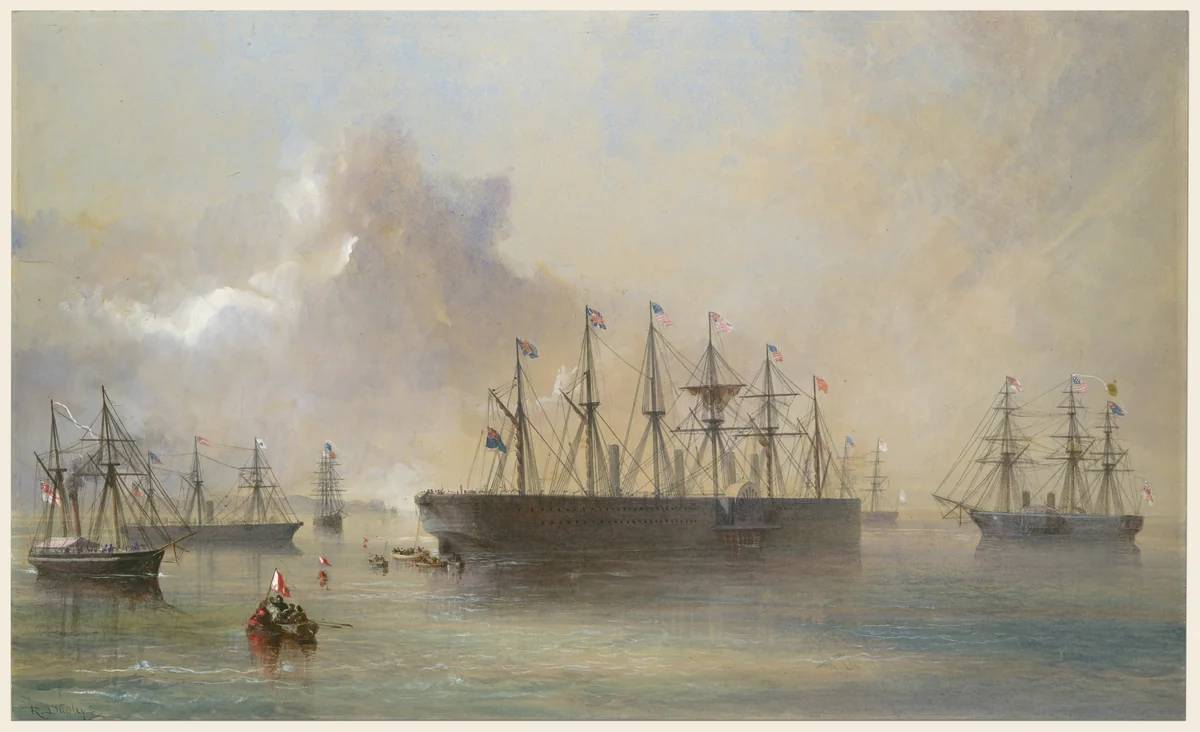 The Atlantic Telegraph Cable Fleet Assembled at Berehaven (Southwest Coast of Ireland): Ships, the Great Eastern, H.M.S. Terrible, the Alby, the Medway and the William Cory by Robert Charles Dudley, drawing, 1866