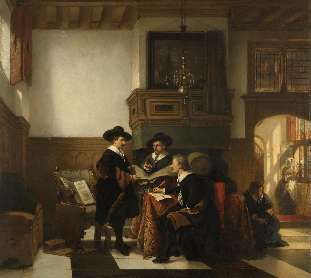 De staalmeesters van de Leidse Saaihal by Johannes Stroebel, painting, 1866