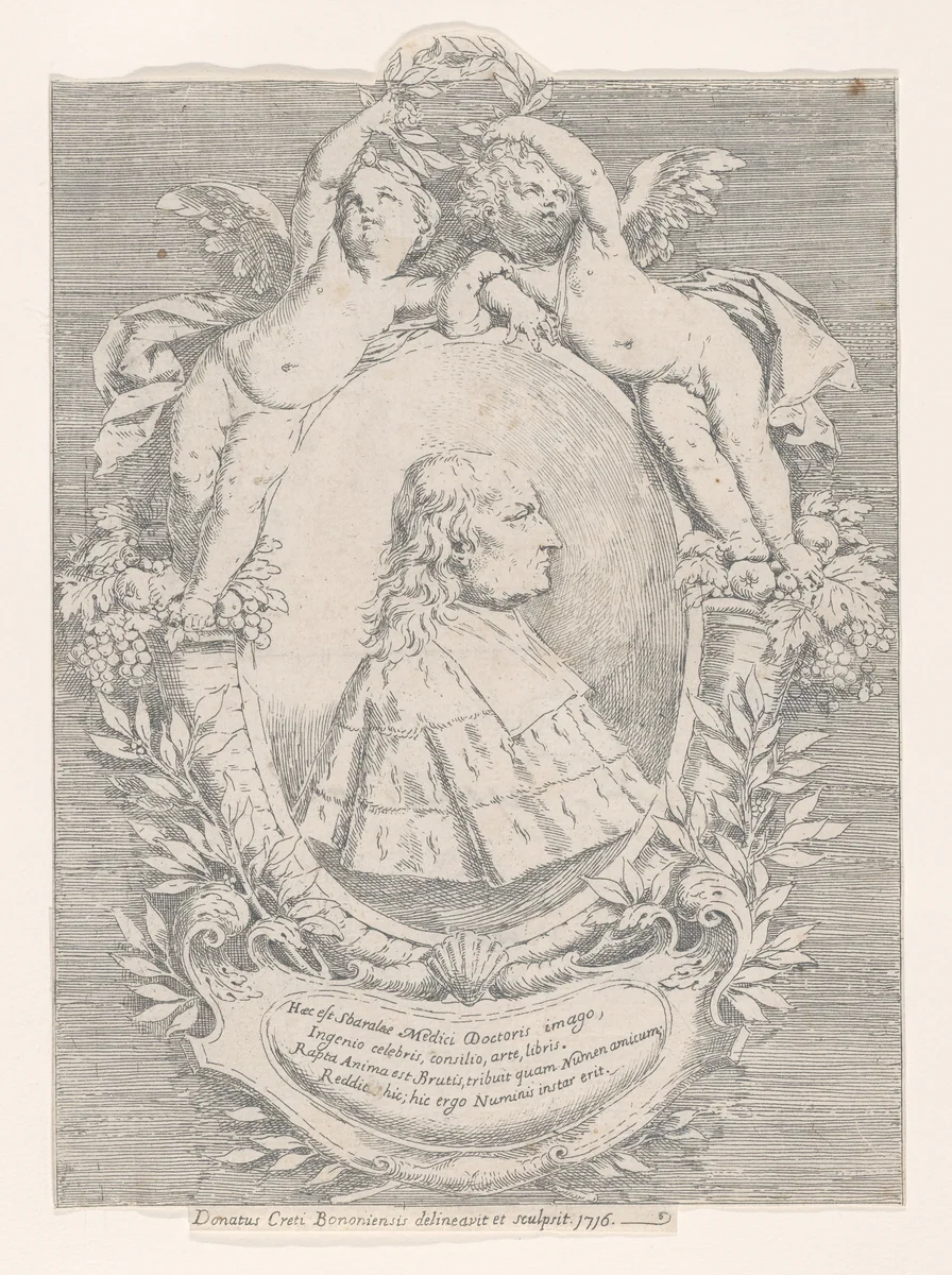 Portrait of Giovanni Girolamo Sbaraglia, within an oval flanked by two putti on cornucopias, with a cartouche below by Donato Creti, print, 1716