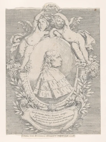 Portrait of Giovanni Girolamo Sbaraglia, within an oval flanked by two putti on cornucopias, with a cartouche below by Donato Creti, print, 1716