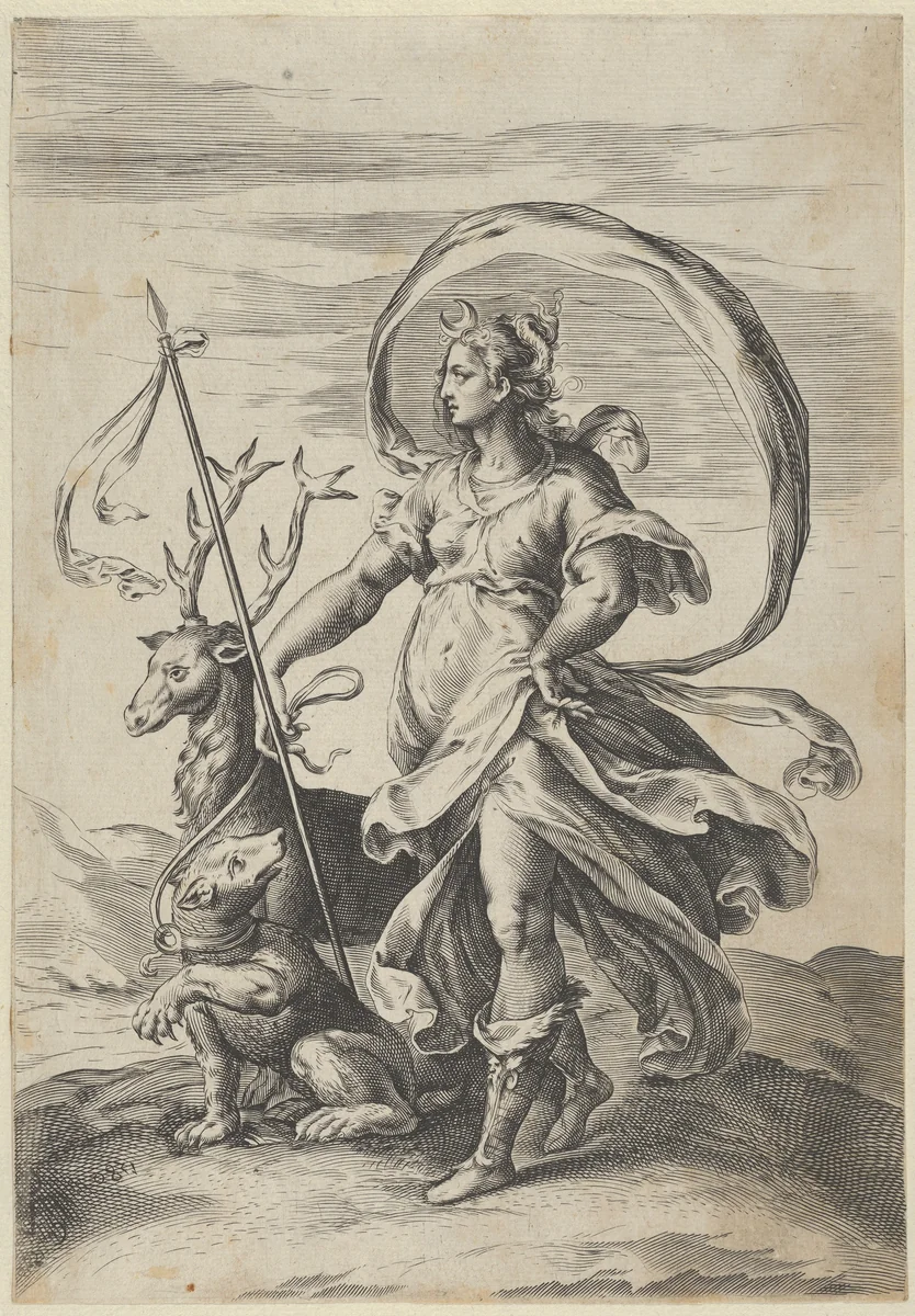 Diana holding a spear with a stag at right and holding a bear on a leash by Cherubino Alberti, print, 1580-1700
