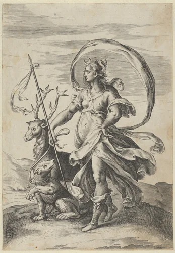 Diana holding a spear with a stag at right and holding a bear on a leash by Cherubino Alberti, print, 1580-1700