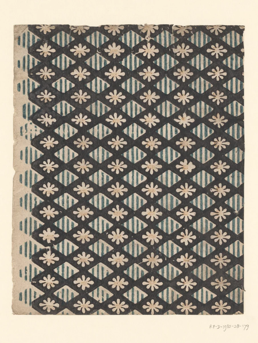 Blad met ruitenpatroon met uitgespaarde bloem met onderbroken lijnenfond by anonymous, other, 1750-1900