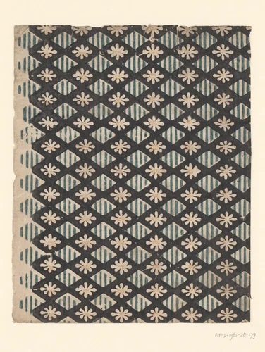 Blad met ruitenpatroon met uitgespaarde bloem met onderbroken lijnenfond by anonymous, other, 1750-1900