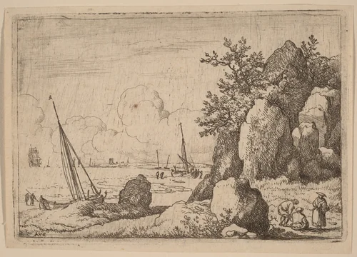 Seascape with Three Figures to the Right by Allart van Everdingen, print, 1645-1656