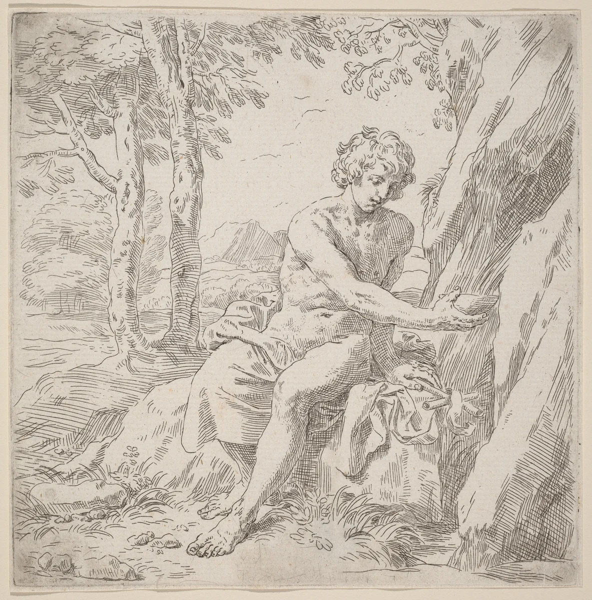 Saint John the Baptist in the Desert by Simone Cantarini, print, 1612-1648