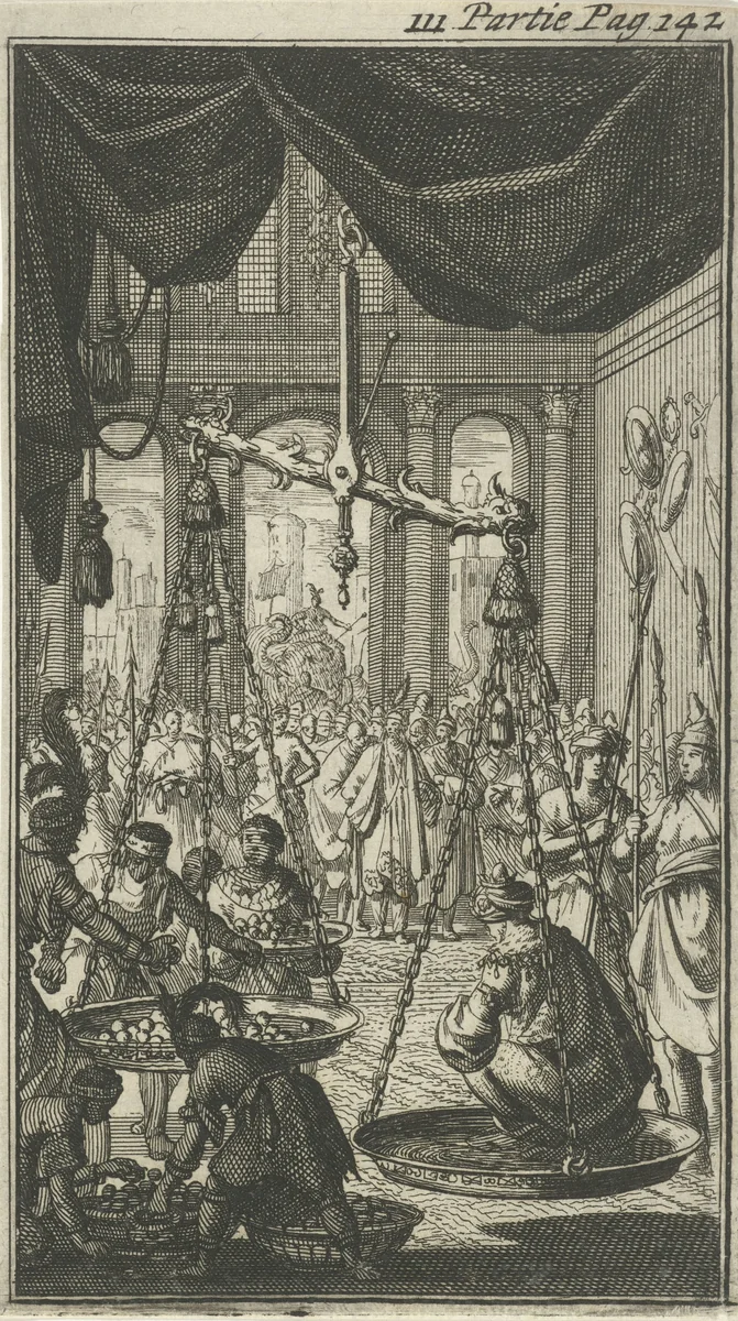 Koning van Delhi op zijn geboortedag in een weegschaal gewogen by Jan Luyken, print, 1689