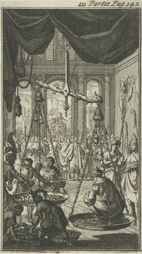 Koning van Delhi op zijn geboortedag in een weegschaal gewogen by Jan Luyken, print, 1689