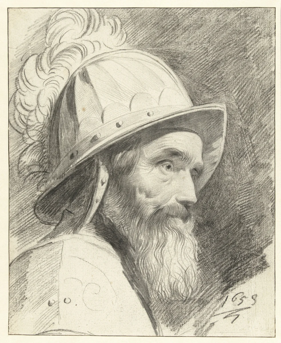 Buste van krijgsman met helm by Leendert van der Cooghen, drawing, 1653