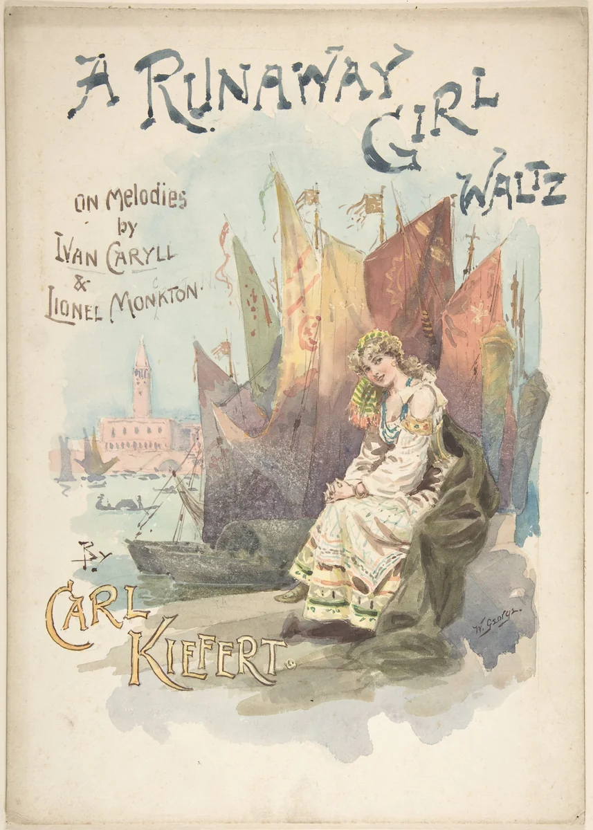 Design for music cover: A Runaway Girl Waltz by W. George, drawing, 1898