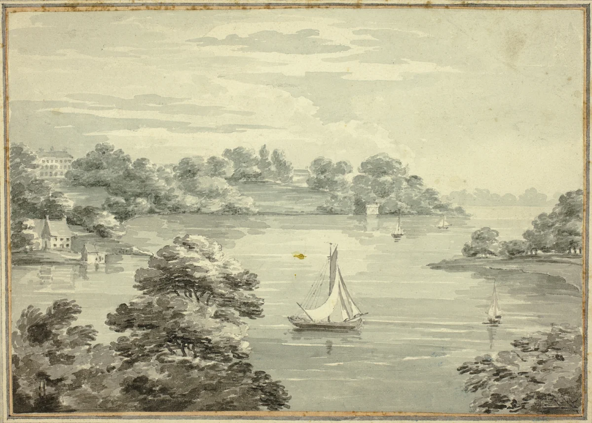 Sailing Boats on Lake with Houses near Shore by Thomas Hearne, drawing, 1764-1830