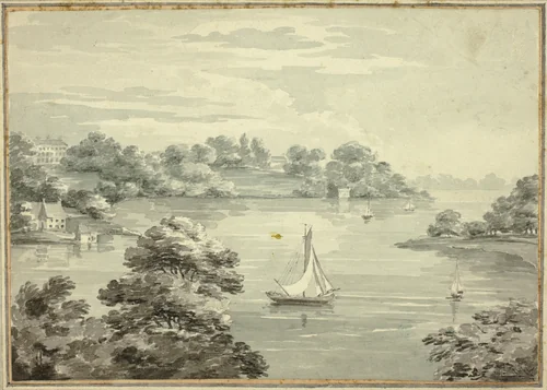 Sailing Boats on Lake with Houses near Shore by Thomas Hearne, drawing, 1764-1830