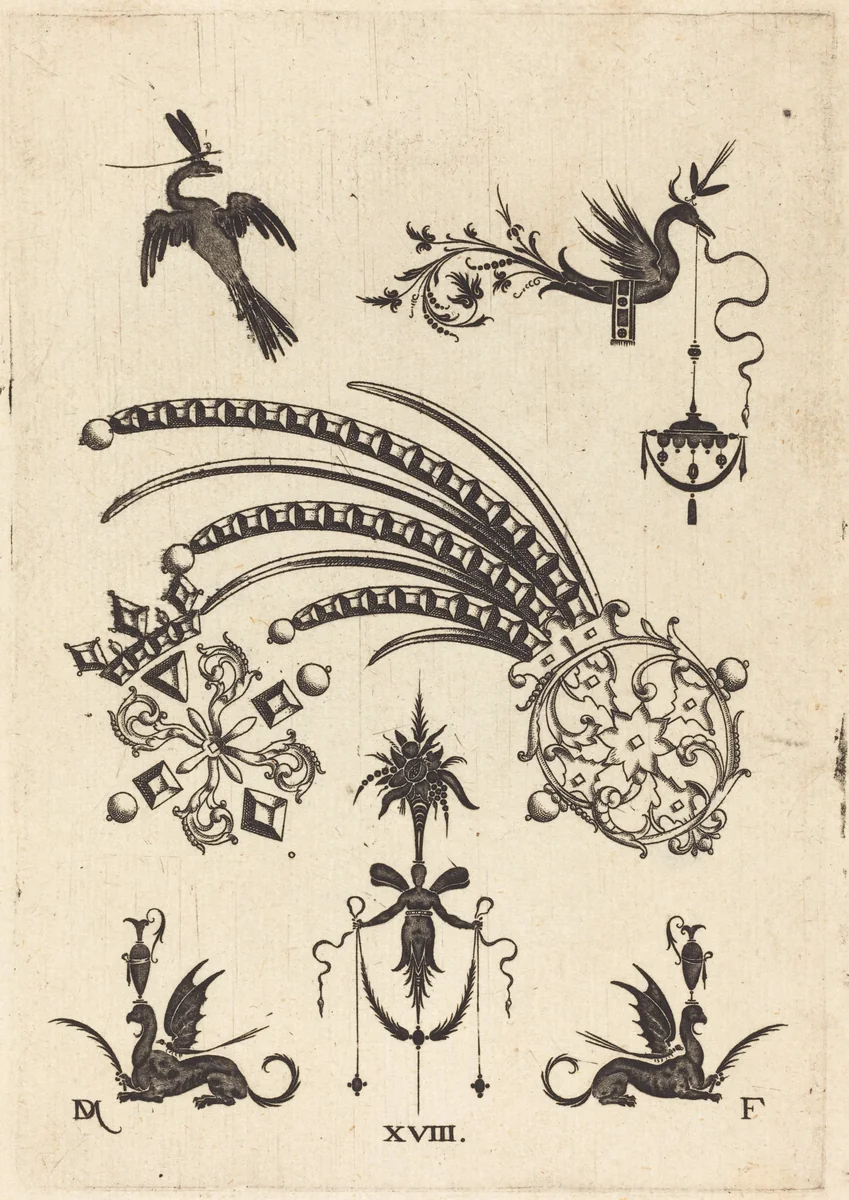 Two Brooches with Bird and Winged Snake at Top and Griffins with Vases at Bottom by Daniel Mignot, print, 1596