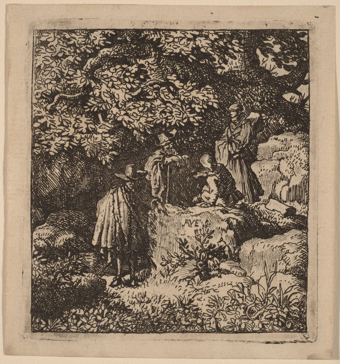 Four Figures under a Tree by Allart van Everdingen, print, 1645-1656