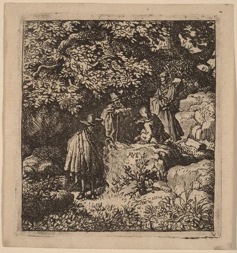 Four Figures under a Tree by Allart van Everdingen, print, 1645-1656