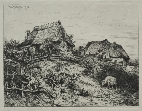 Two Cottages on a Bank by Charles-Émile Jacque, print, 1879