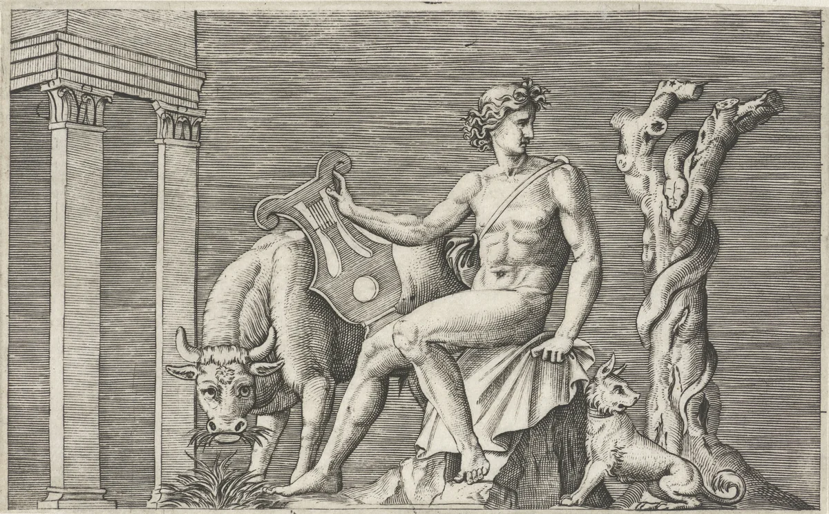 Apollo bewaakt de kudde van Admetus by Marcantonio Raimondi, print, 1510-1527
