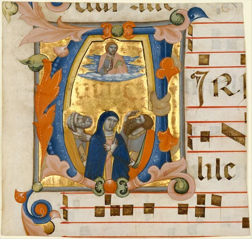 Ascension in an Initial V by Niccolò di ser Sozzo, manuscript, 1339-1353