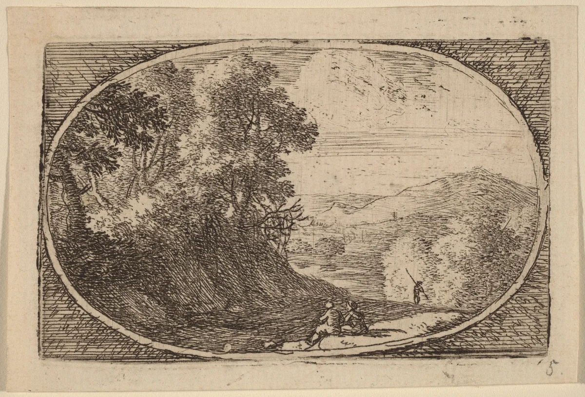Two Figures Seated to the Right of a Road by Herman van Swanevelt, print, 1600-1655