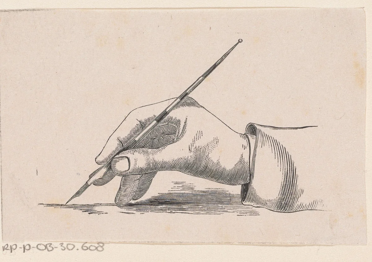 Hand schrijvend met een kroontjespen by Isaac Weissenbruch, print, 1836-1912
