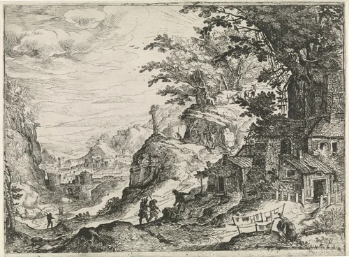Berglandschap met ommuurde stad in het dal by Nicolas Moillon, print, 1613