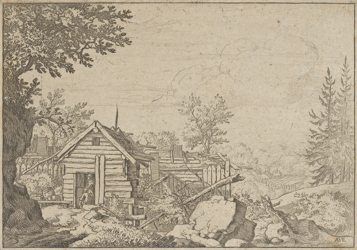Two Men in the Door of the Hut by Allart van Everdingen, print, 1621-1675