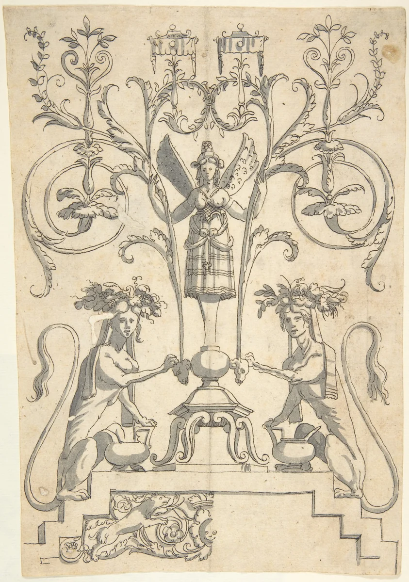 Candelabra Grotesque with a Winged Female Term on a Pedestal by anonymous, drawing, 1540-1570