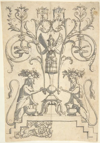 Candelabra Grotesque with a Winged Female Term on a Pedestal by anonymous, drawing, 1540-1570